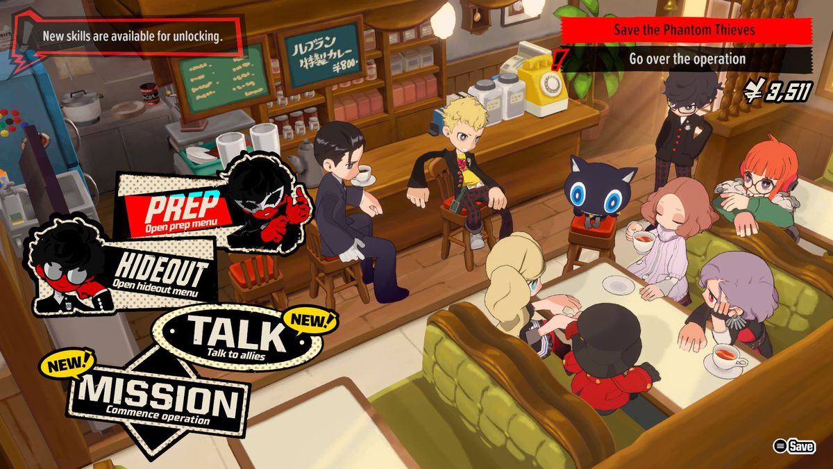 The Phantom Thieves hang out and chat at Cafe Leblanc in Persona 5 Tactica