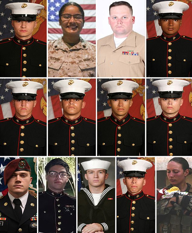 The Americans killed in the blast were: (from left to right, starting with top row) Cpl.  Daegan W. Page - Sergeant.  Johanny Rosario Pichardo - Staff Sgt.  Darin T. Hoover - Lance Cpl.  David L. Espinoza - Lance Cpl.  Rylee J. McCollum - Lance Cpl.  Kareem M. Nikoui - Cpl.  Hunter Lopez - Lance Cpl.  Jared M. Schmitz - Staff Sgt.  Ryan C. Knauss - Cpl.  Humberto A. Sanchez - Marine Corpsman Maxton W. Soviak - Lance Cpl.  Dylan R. Merola - Sergeant.  Nicole L. Gee