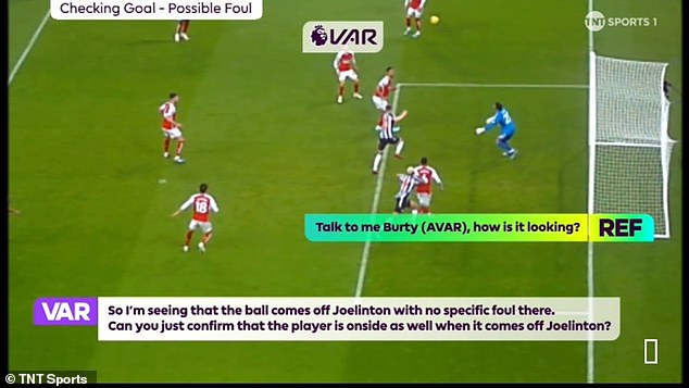 VAR then investigated whether Joelinton (bottom right) had made a mistake on Gabriel in the build-up