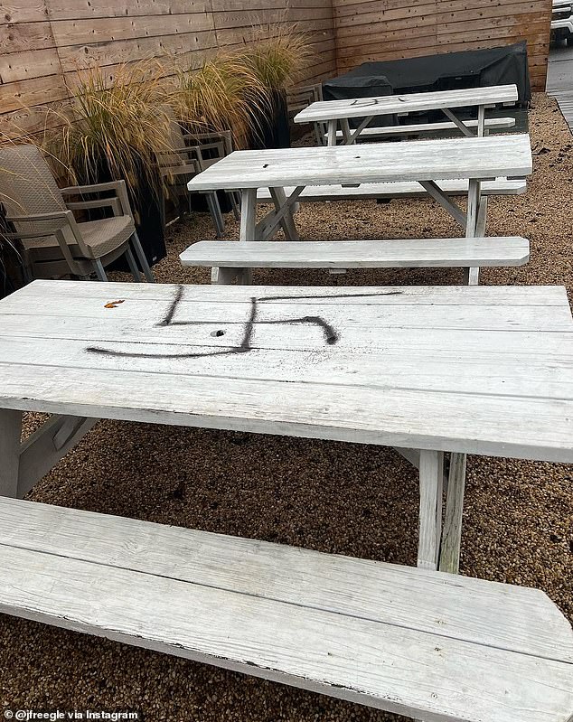 The anti-Semitic symbol was spray-painted on the picnic table at the cafe in Montauk and the words 