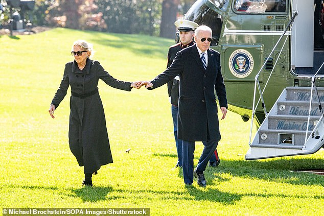 First lady Jill Biden (left) and President Joe Biden (right) shake hands on the South Lawn.  A number of Democrats shared their advice with Politico on how he can deal with the age issue as he turns 81 next week.