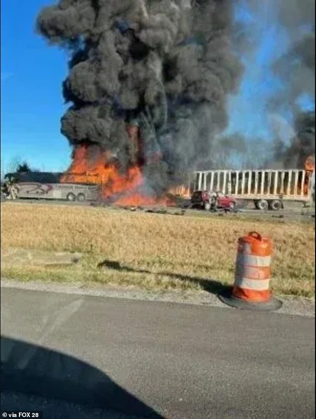 Sean Grady, director of the Licking County Emergency Management Agency, said the charter bus, engulfed in flames here, was transporting students from a school in eastern Ohio