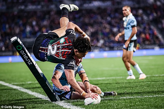 Warriors point-scoring machine Dallin Watene-Zelezniak (pictured) also stars in the commercial as commentator Andrew Voss shouts, 