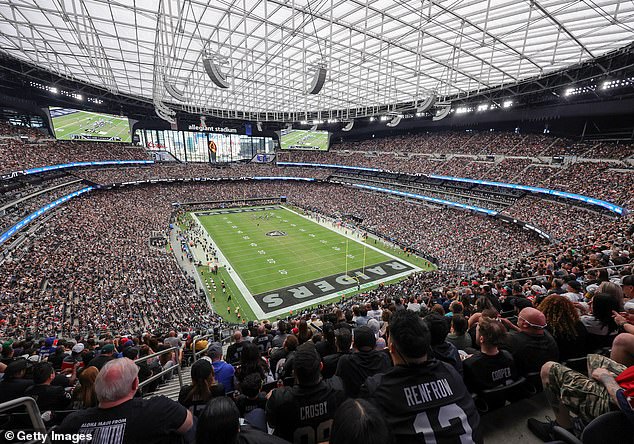 Souths, Manly, Brisbane and the Roosters will all compete at the 65,000-seat Allegiant Stadium in Las Vegas (pictured), home of the Raiders NFL team