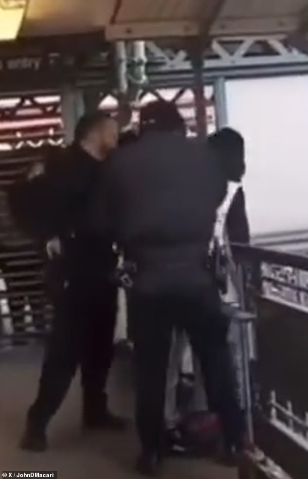 Two police officers asked the men to stop smoking - which is prohibited in metro stations - and leave.  The men refused and began fighting with police, some of which was captured on video, before officers were able to arrest two of them.