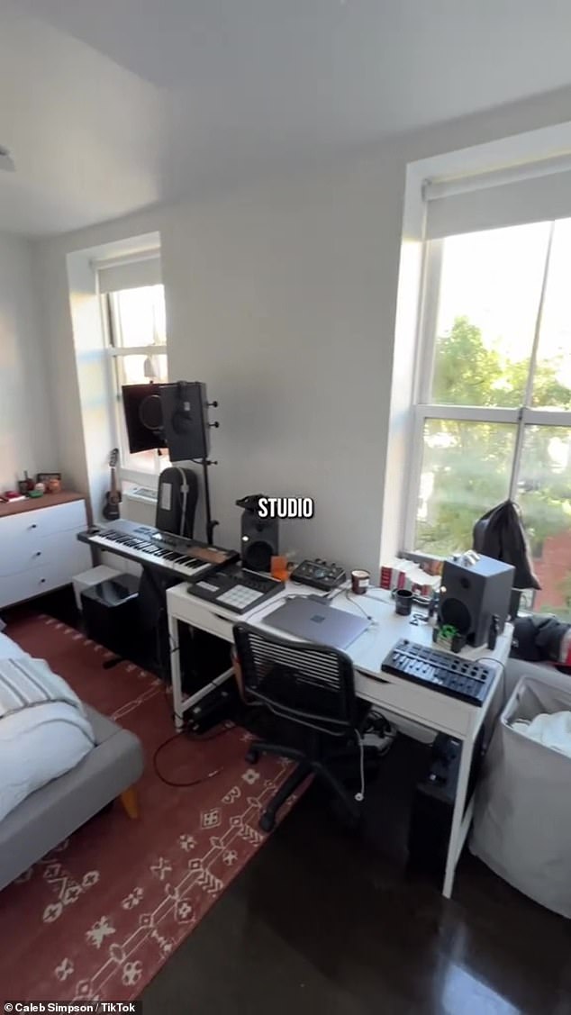 He has a gigantic bed and lots of music equipment along the walls