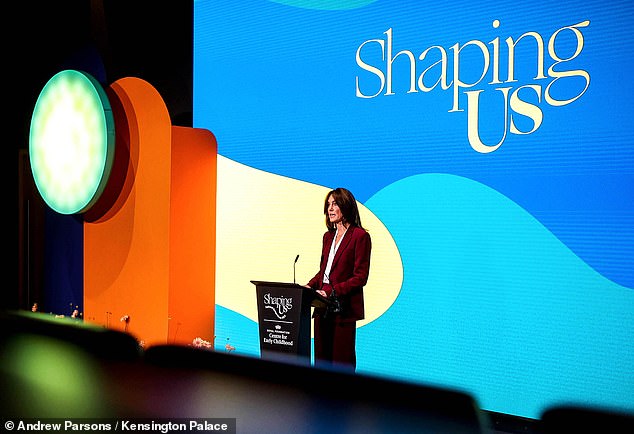 The princess stood on a stage when she gave her keynote speech last night at a reception for the symposium