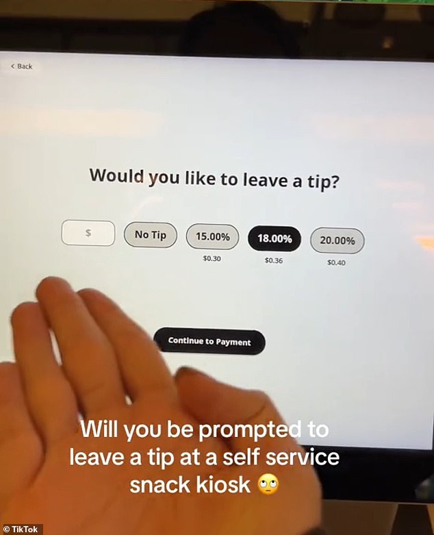 To her surprise, she was then asked to leave a tip at the self-checkout, with the default value being 18 percent.