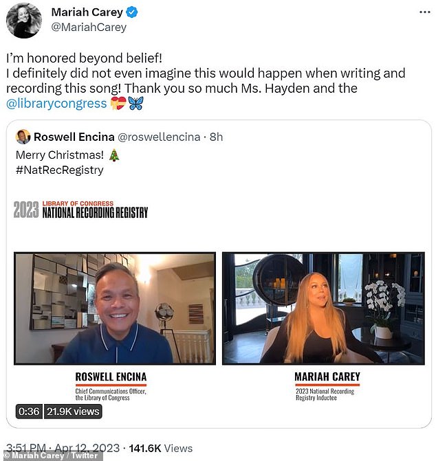 Tweet: 'I'm incredibly honored!  I definitely didn't even think this would happen when writing and recording this song!  Thank you so much Ms. Hayden and the @librarycongress,” Carey said in her tweet