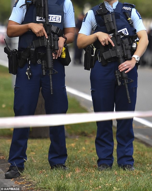 Armed police officers patrol near the Al Noor Masjid mosque after the 2019 shooting