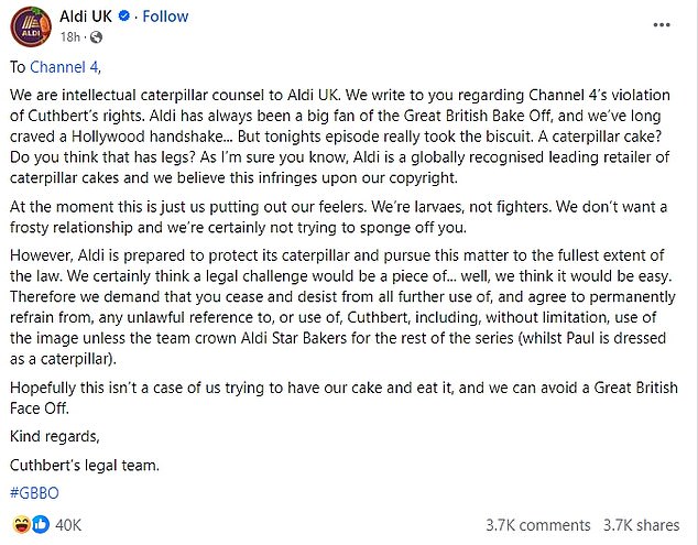 A Facebook post shared by the supermarket said the show had 'violated Cuthbert's rights' and asked them to 'cease' any unlawful reference to the cake.