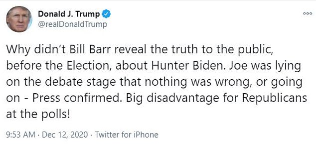 In 2020, Trump accused his then-attorney general of failing to make public the details of the federal tax investigation into his election opponent's son.