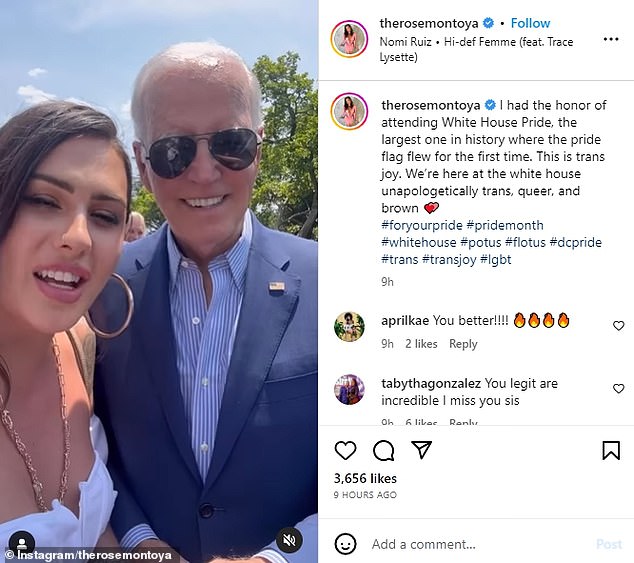 Montoya is seen with Joe Biden and declares: 'Trans rights are human rights'