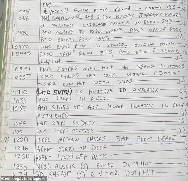 A leaked photo online shows what appears to be a handwritten log from Camp Pendleton stating that an 