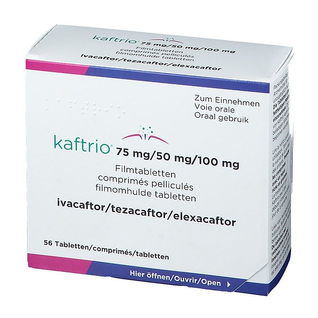 It is hoped that the drug Kaftrio, pictured, a triple therapy that combines three compounds, ivacaftor, tezacaftor and elexacaftor, will add decades to the lives of people with cystic fibrosis