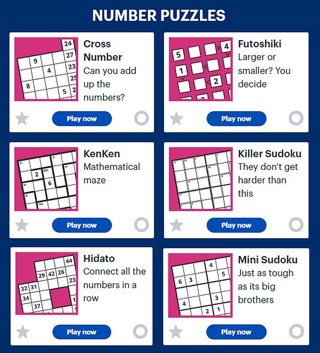 Among the dozens of quizzes and word puzzles in DailyMail.com's new puzzle section are a host of logic and number games