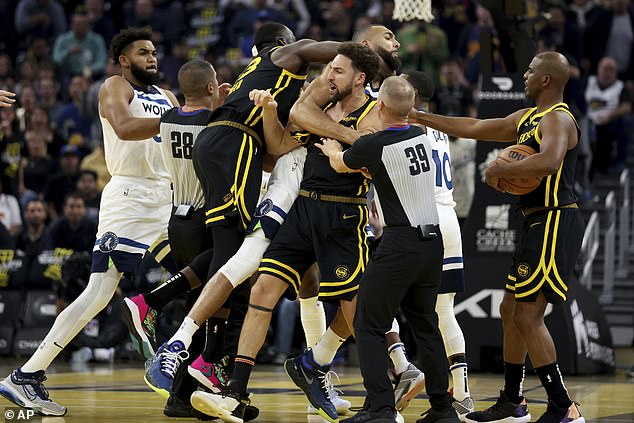 A huge melee broke out in Tuesday night's game amid a clash between Jaden McDaniels and Klay Thompson