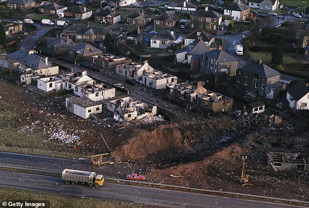 Some of the destruction caused by Pan Am Flight 103 after it crashed in the town of Lockerbie in Scotland on December 21, 1988