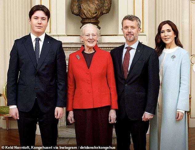 A portrait released by the Danish royal family, which was shared via the family's Instagram account, shows (photo L-R) Prince Christian, Queen Margrethe, Crown Prince Frederik and Princess Mary