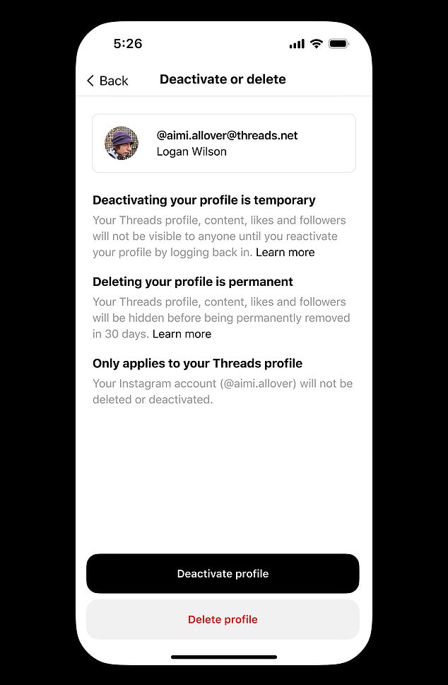 To close a profile in Threads, users go to Settings, then Account, then... 