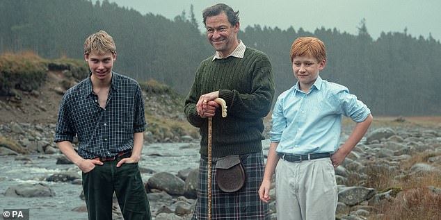 Recalling the conversation, the princes expressed regret at being desperate to get back out and play with their cousins, who were also at Balmoral (Pictured: Prince Charles (Dominic West) and his sons in The Crown)