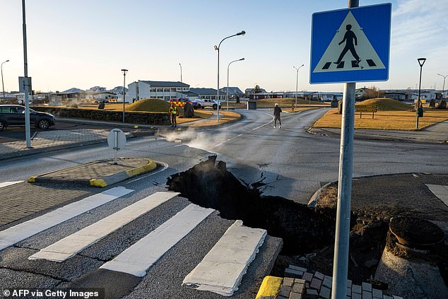 A crack cut through the main road in Grindavik on Monday