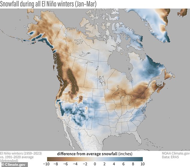 Snowfall during all El Niño winters (January-March) compared to the 1991-2020 average - with blue colors showing more snow than average and brown less snow than average