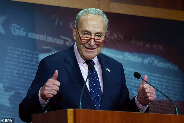 Senate Majority Leader Chuck Schumer gestures during a news conference at the U.S. Capitol on Tuesday