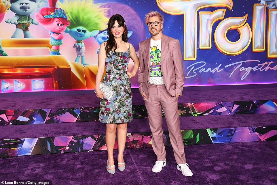 Reunited!  Deschanel got cozy with her leading man Christopher Mintz-Plasse (R), who voices Bridget's fiancé Gristle Jr.  performed in Trolls Band Together