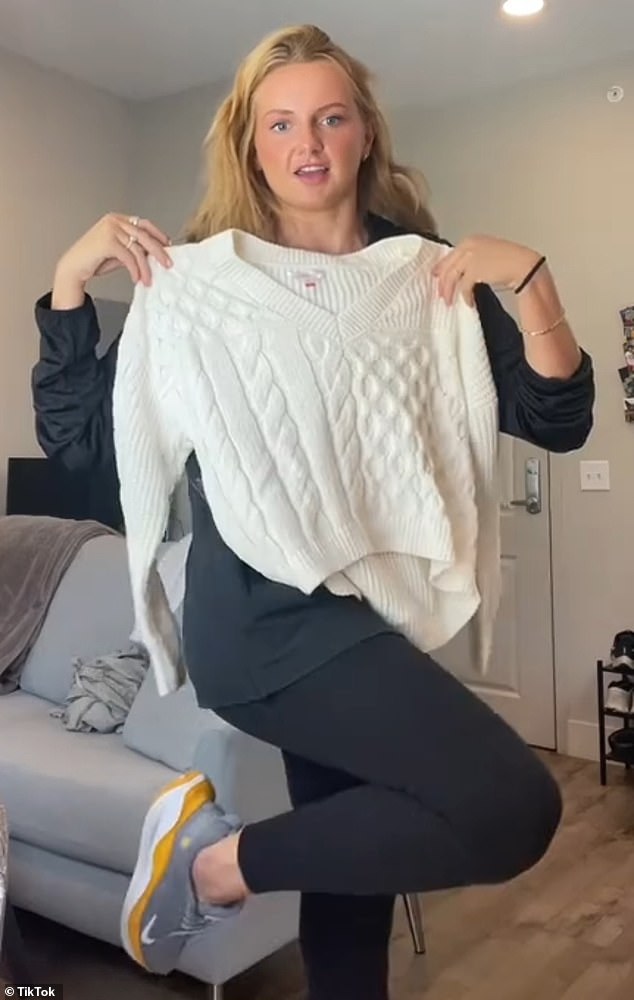 Walmart's clothing is a hit with Gen Z shoppers looking for affordable trends and dupes.  The photo shows student Lauren Ambrose holding up a sweater from the store