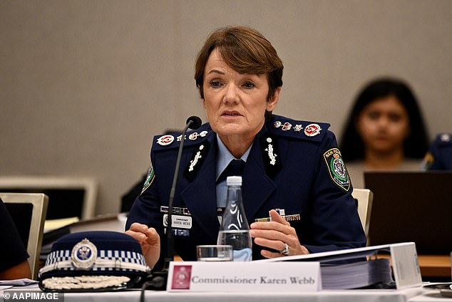 NSW Police Commissioner Karen Webb (pictured) was forced to deny on Wednesday that there was a cover-up