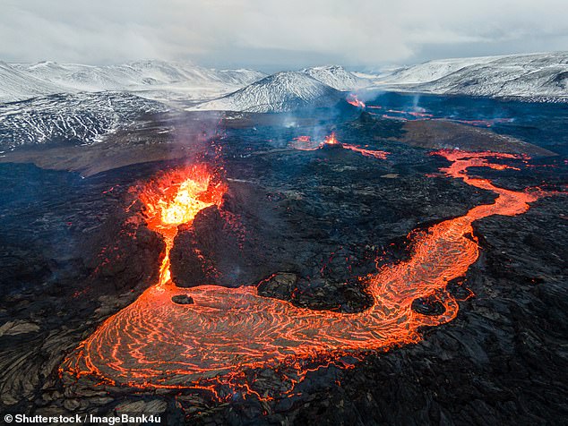 Lava flows on the active volcano Mount Fagradalsfjall, Iceland (2021 file image)