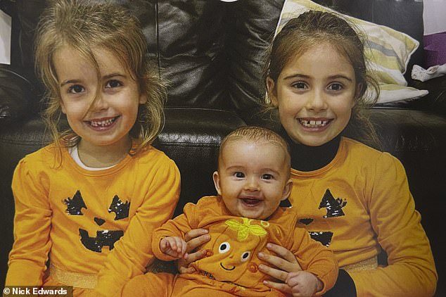 Lorena (center) poses for a photo with her sisters Matilda (left) Lorena and Finnula (right).  She miraculously escaped injury