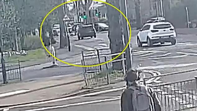 Becky Sharp (circled, in front of Dale Clark's car) was crossing the road when Clark dived across the road at the last minute in his Toyota RAV4