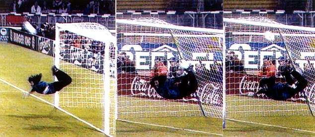 Higuita made the daring save as Jamie Redknapp's cross floated towards his goal at Wembley