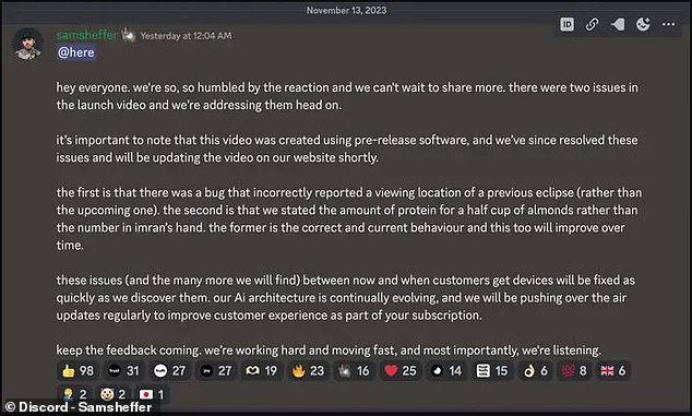 A Humane spokesperson said on Discord that the eclipse bug was due to a bug in the pre-release code but defended Almond's response as technically correct.