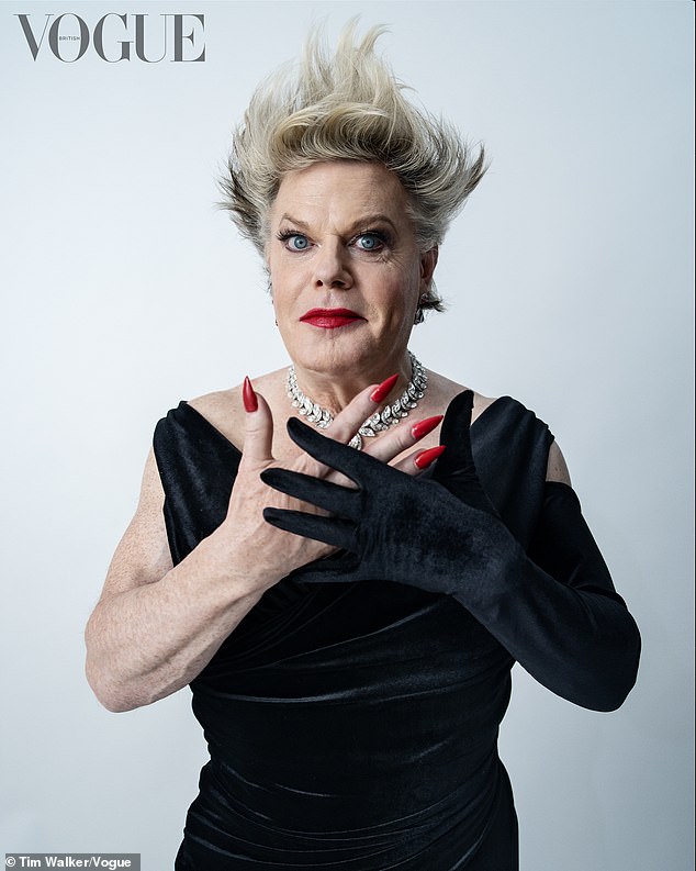 Stunning: Eddie Izzard looked amazing in a black velvet dress with red acrylic nails and a diamond choker style necklace