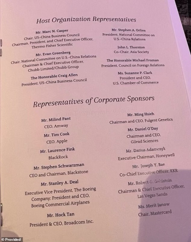 Other privately held corporate executives who attended the dinner included executives at Nike, Pfizer and FedEx.  Elon Musk stopped by for cocktail hour to chat with Xi, but didn't stay for dinner