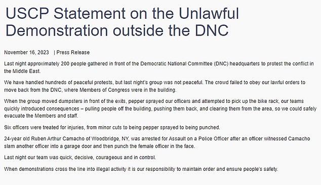 The U.S. Capitol Police released a statement Thursday morning claiming six of their officers were treated for injuries — including a female officer who was punched in the face by a 24-year-old man arrested for assaulting a police officer