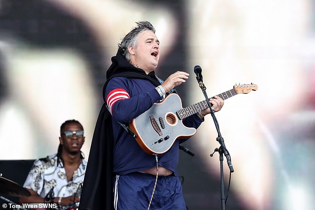 Pictured: Pete Doherty makes a cameo appearance on the Other Stage of the Glastonbury Festival