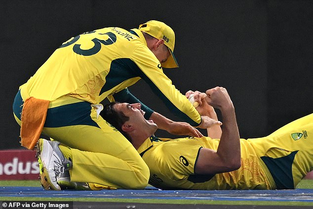 Captain Pat Cummins celebrates after taking a catch as South Africa fall to 24-4