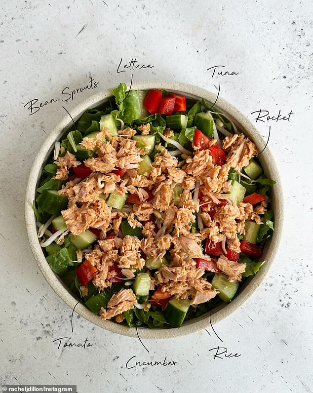 One of the professional's favorite meals is a healthy tuna rice bowl - complete with lettuce, arugula, bean sprouts, tomato and cucumber