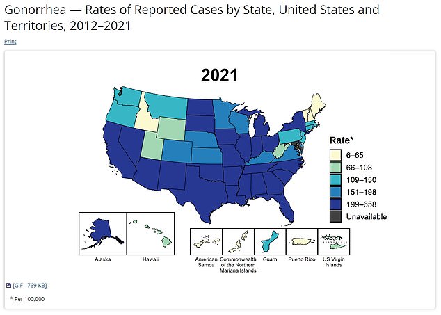 The above map shows cases of gonorrhea in the US in 2021