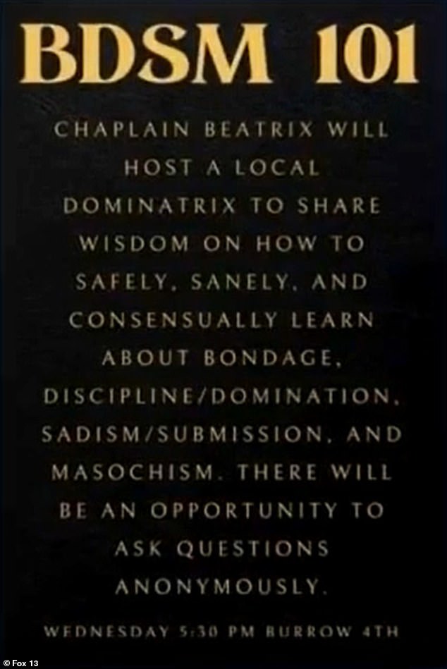 “Chaplain Beatrix will host a local dominatrix to share wisdom on how to learn about bondage, discipline/domination, sadism/submission, and masochism safely, healthily, and consensually,” the invite said.