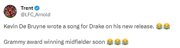 'Kevin De Bruyne wrote a song for Drake on his new release.  Soon to be Grammy award-winning midfielder