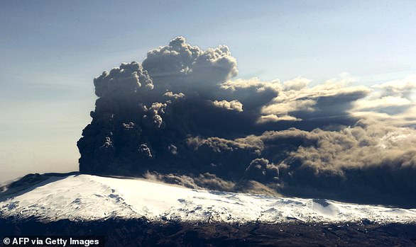 A huge cloud of ash was shot into the sky, reaching a height of nine kilometers.  The explosion also ejected approximately 250 million cubic meters of volcanic material into the air