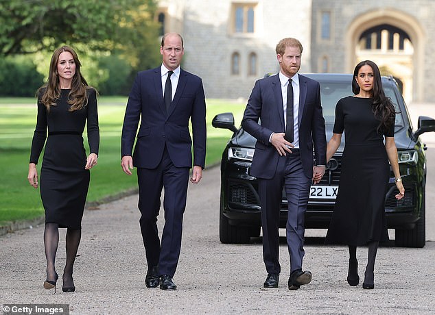 The Prince and Princess of Wales join the Duke and Duchess of Sussex in Windsor to meet mourners following the Queen's death in September 2022