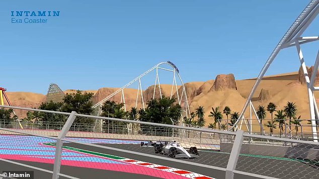 Formula One-style cars are pictured racing around the roller coaster at Six Flags Qiddiya