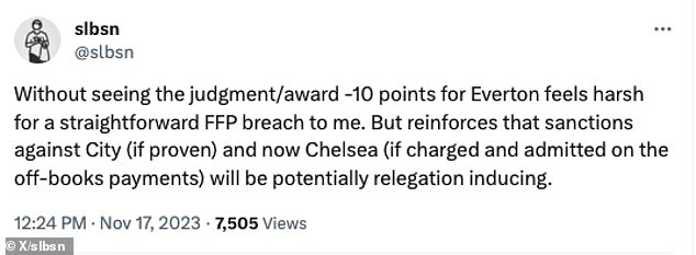 Borson tweeted that City - and potentially Chelsea - could face heavy sanctions, including relegation from the Premier League following the Everton points deduction precedent