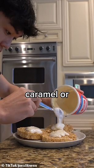 Chu demonstrated how he uses maple syrup to sweeten Greek yogurt before spreading it over three caramel or apple cinnamon rice cakes and adding frozen berries